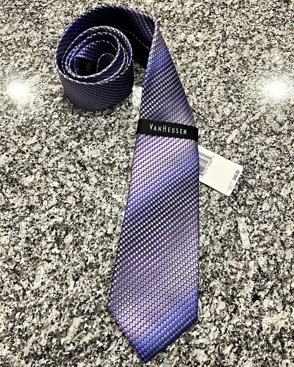 Van Heusen Men's Purple Blue Woven Silk Geometric Pointed Tie w/ Logo - 0003